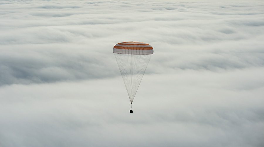 The Soyuz TMA-18M spacecraft is seen as it lands with Expedition 46 Commander Scott Kelly of NASA and Russian cosmonauts Mikhail Kornienko and Sergey Volkov of Roscosmos near the town of Zhezkazgan, Kazakhstan on Wednesday, March 2, 2016 (Kazakh time). Kelly and Kornienko completed an International Space Station record year-long mission to collect valuable data on the effect of long duration weightlessness on the human body that will be used to formulate a human mission to Mars. Volkov returned after spending six months on the station. Photo Credit: (NASA/Bill Ingalls)