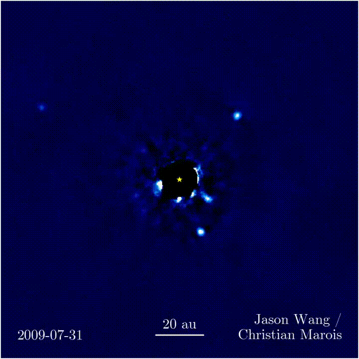 видимое вращение планетной системы у звезды HR 8799 Пегаса за семь лет