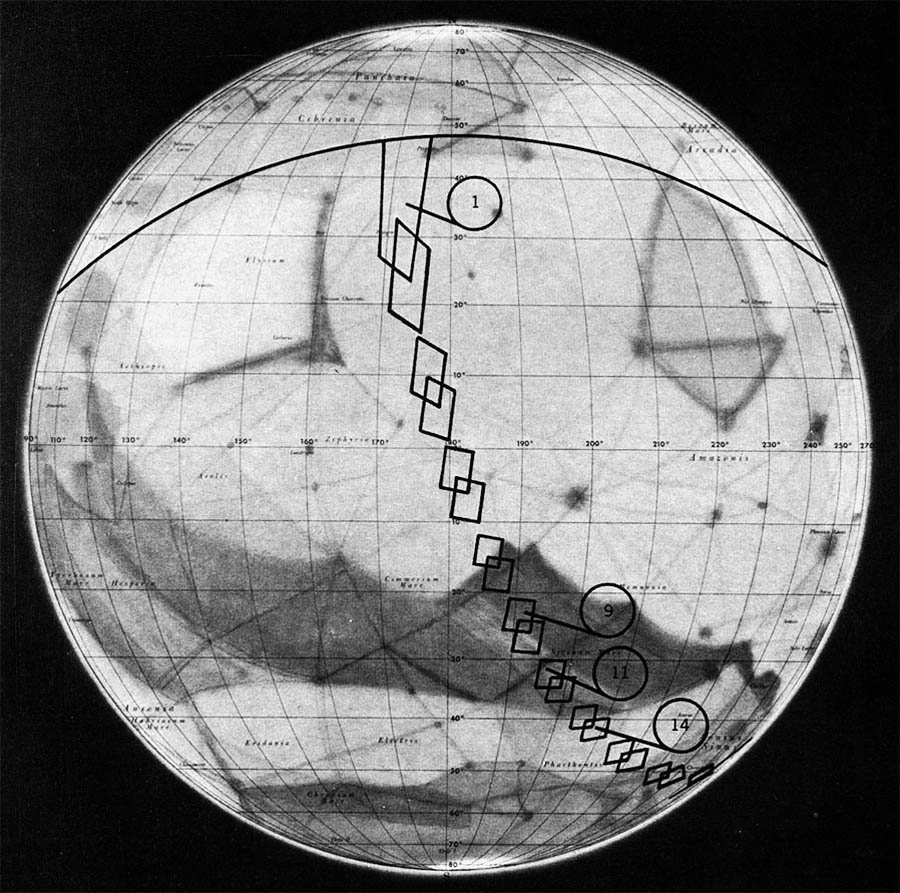 границы снимков аппарата Mariner 4 на карте Марса