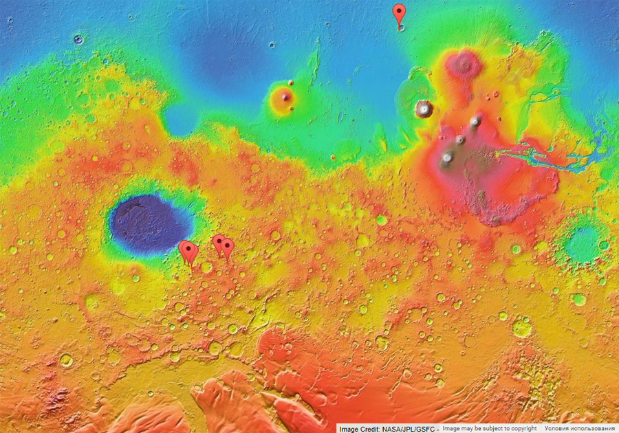 ледяные склоны на карте Марса