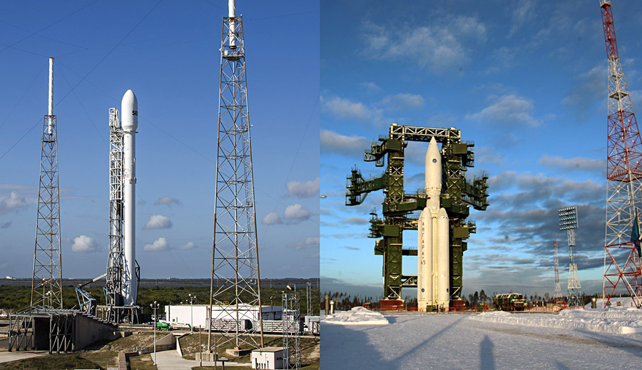 ракеты Ангара и Falcon-9 на стартовых площадках